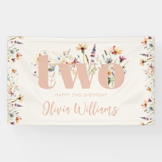Moderne Boho Wildflower 2e Verjaardag Spandoek (Horizontaal)