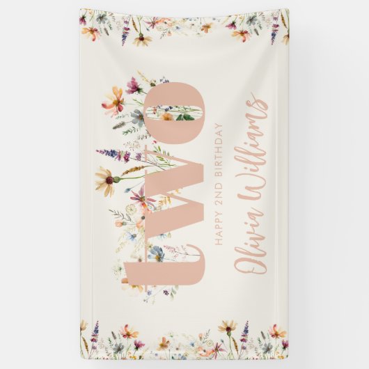 Moderne Boho Wildflower 2e Verjaardag Spandoek (Verticaal)