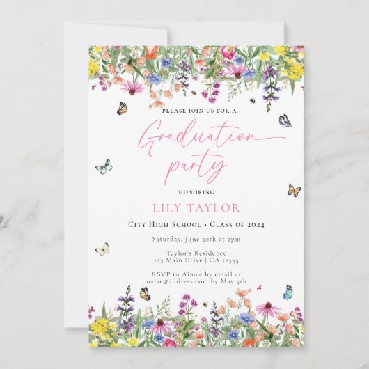 Moderne Boho Wildflower Bloemen Graduation Party Kaart (Voorkant)