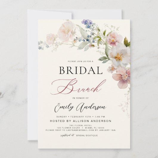 Moderne Boho Wildflower Bridal Brunch Douche Kaart (Voorkant)