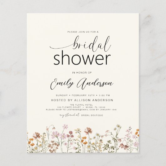 Moderne Boho Wildflower Bruidsdouche uitnodiging Flyer (Voorkant)