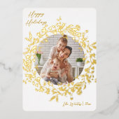 Moderne Boho Wildflower Krans Foto Goud & Wit Folie Feestdagenkaart (Voorkant)