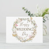 Moderne Boho Wildflower krans Happy Wedding Day Kaart (Staand voorkant)