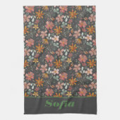 Moderne boho wildflower roze geel patroon grijs theedoek (Verticaal)