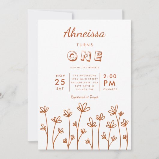 Moderne Boho Wildflower Terracotta Eerste Verjaard Kaart (Voorkant)