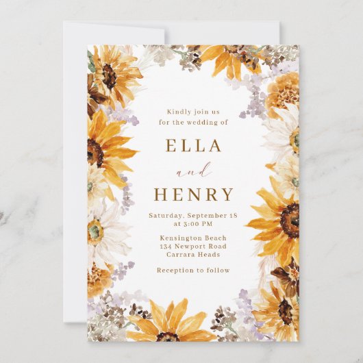 Moderne Boho Zonnebloem bruiloft Kaart (Voorkant)