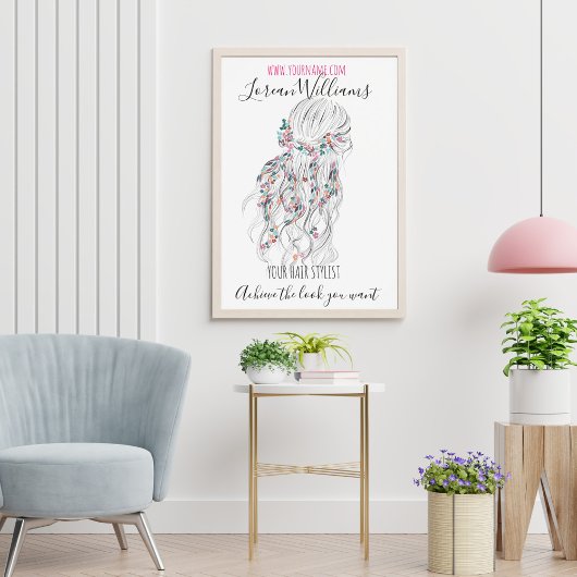 Moderne Boho Zwart Wit Wavy Haarstijl Bloemen Poster