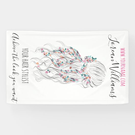 Moderne Boho Zwart Wit Wavy Haarstijl Bloemen Spandoek (Horizontaal)