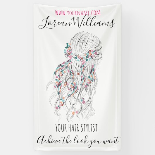 Moderne Boho Zwart Wit Wavy Haarstijl Bloemen Spandoek (Verticaal)