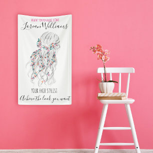 Moderne Boho Zwart Wit Wavy Haarstijl Bloemen Spandoek