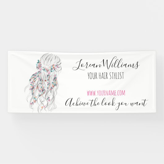 Moderne Boho Zwart Wit Wavy Haarstijl Bloemen Spandoek (Horizontaal)