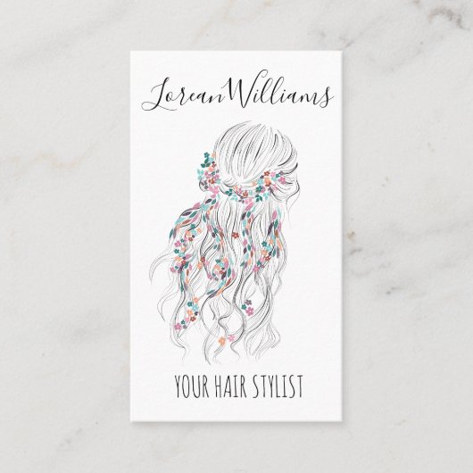 Moderne Boho Zwart Wit Wavy Haarstijl Bloemen Visitekaartje (Voorkant)