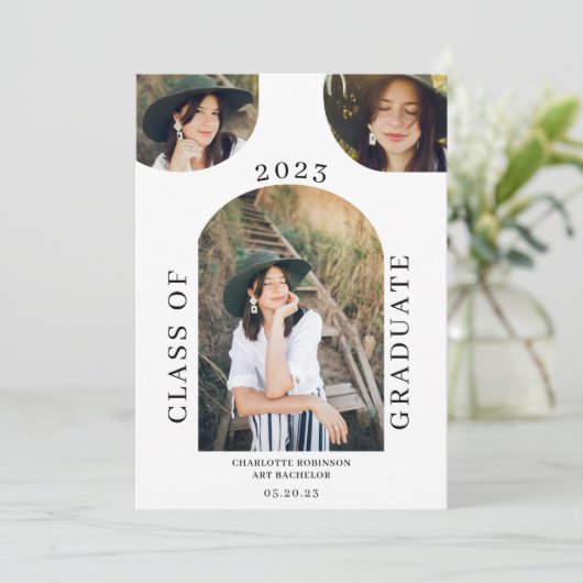 Moderne boho-zwarte witte 4 foto-afstuderen kaart (Staand voorkant)