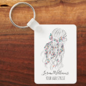 Moderne Boho Zwarte Witte Golvende Haarstijl Bloem Sleutelhanger (Voorkant)