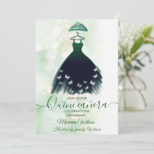 Moderne bokeh groene vlinder jurk tiara Quince Kaart (Staand voorkant)