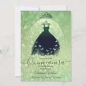 Moderne bokeh groene vlinder jurk tiara Quince Kaart (Voorkant)