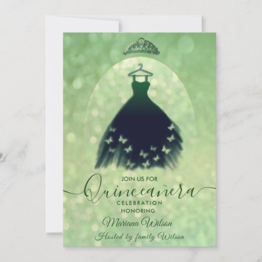 Moderne bokeh groene vlinder jurk tiara Quince Kaart (Voorkant)