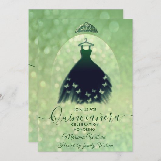 Moderne bokeh groene vlinder jurk tiara Quince Kaart (Voorkant / Achterkant)