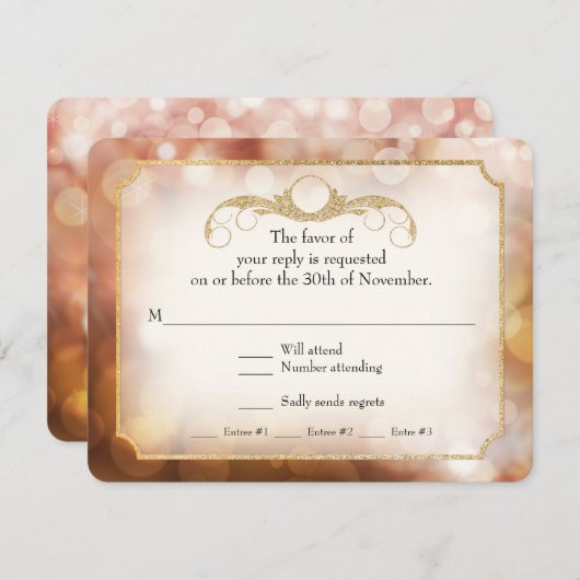 Moderne Bokeh Sparkle Twinkle Amber Gold RSVP (Voorkant / Achterkant)