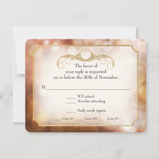 Moderne Bokeh Sparkle Twinkle Amber Gold RSVP Kaartje (Voorkant)