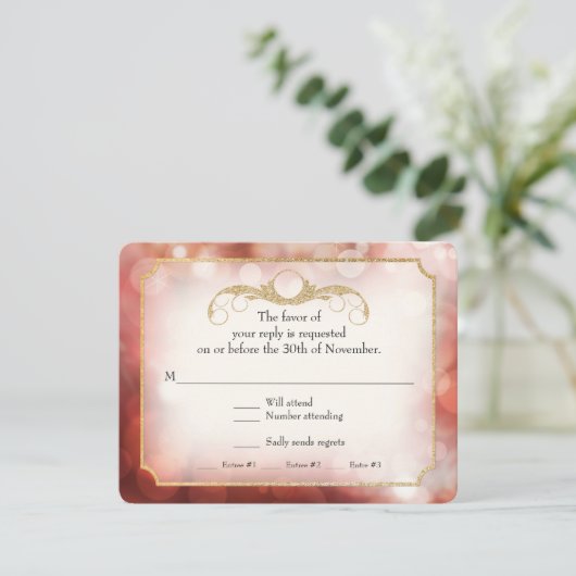 Moderne Bokeh Sparkle Twinkle Marsala RSVP (Staand voorkant)