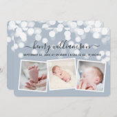 Moderne Bokeh-verlichting 3 Foto Geboorteaankondig Aankondiging (Voorkant / Achterkant)