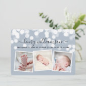 Moderne Bokeh-verlichting 3 Foto Geboorteaankondig Aankondiging (Staand voorkant)