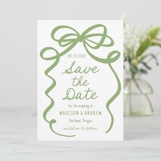Moderne Bold Green Bow foto bruiloft Save The Date (Staand voorkant)