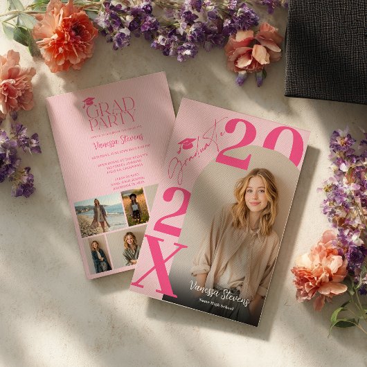 Moderne Bold Retro Roze Trendy 6 foto's afstuderen Kaart