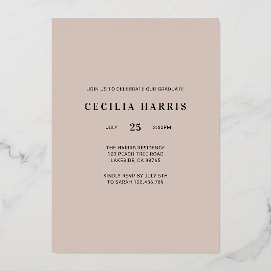 Moderne Bold Roos Gold Afstudeerder Folie Folie Uitnodiging (Achterkant)