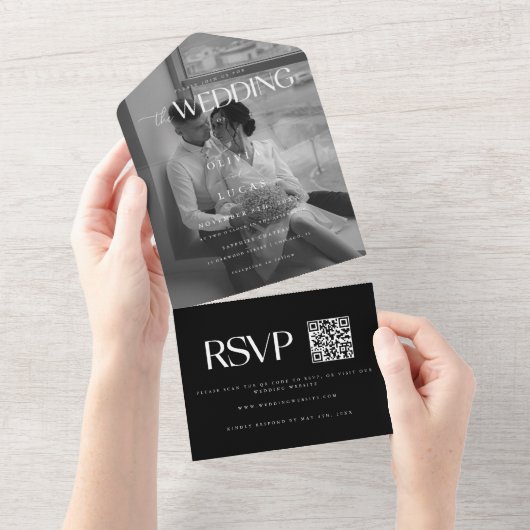 Moderne Bold Zwarte Trouwfoto All In One Uitnodiging (Afscheurbaar)
