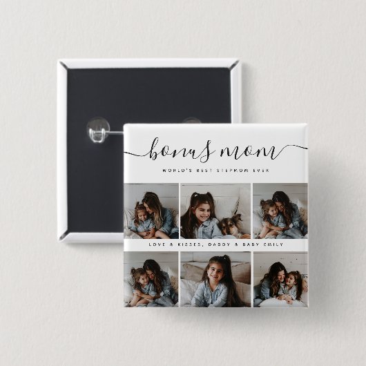 Moderne Bonus Moeder Script Fotocollage Moederdag Vierkante Button 5,1 Cm (Voorkant /achterkant)