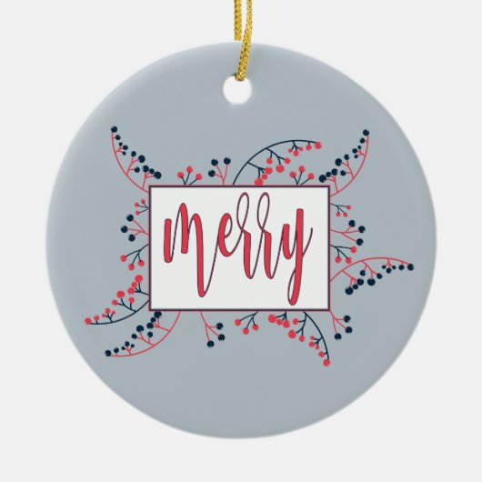 Moderne boodschap van Merry: rode blauwe bessen ke Keramisch Ornament (Voorkant)