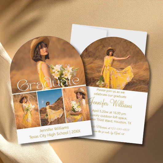 Moderne boog 5 foto collage gouden script afstuder kaart