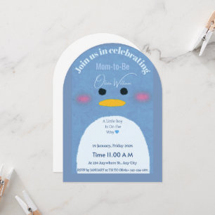 Moderne Boog Blauwe Pinguïn Baby Shower Uitnodigin Kaart