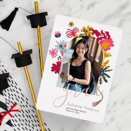 Moderne Boog Bloemen Foto Afstuderen Party Wit Folie Uitnodiging