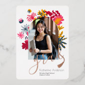 Moderne Boog Bloemen Foto Afstuderen Party Wit Folie Uitnodiging (Voorkant)