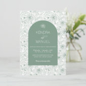 Moderne Boog Bloemen Toile Sage Green Wedding Kaart (Staand voorkant)