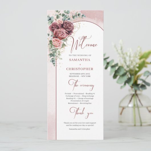 Moderne boog blush bordeaux bloemenbruiloft progra programmakaart (Staand voorkant)