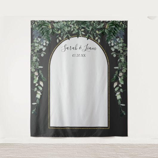 Moderne boog botanische bruiloft foto achtergrond wandkleed (Voorkant)