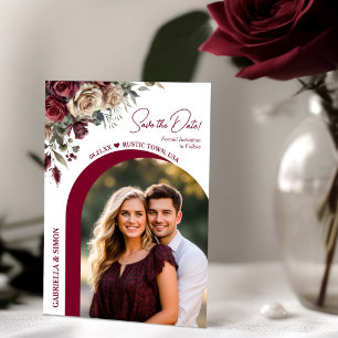 Moderne Boog Bourgondië & Crème Rozen & Trouwfoto Save The Date