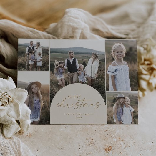 Moderne boog | Cream Multi Foto Vrolijk Kerstfeest Feestdagenkaart