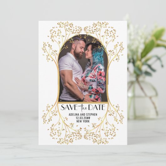 Moderne boog eenvoudig script QR CODE bruiloft Save The Date (Staand voorkant)