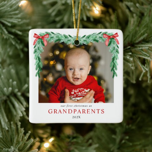 Moderne boog Eerste kerst als grootouders Foto Keramisch Ornament (Boom)