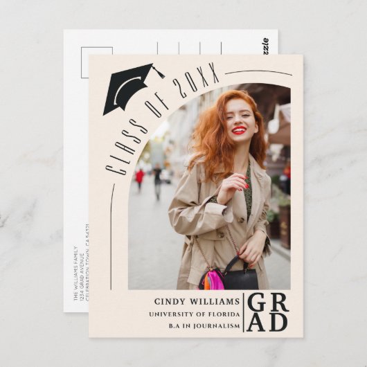 Moderne boog foto beige Afstuderen aankondiging Briefkaart (Voorkant / Achterkant)
