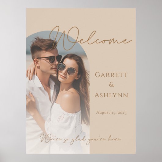 Moderne boog foto bruiloft welkom teken poster (Voorkant)