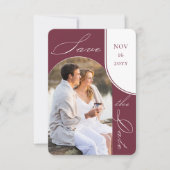 Moderne boog foto Elegante kalligrafie Bourgondië Save The Date (Voorkant)