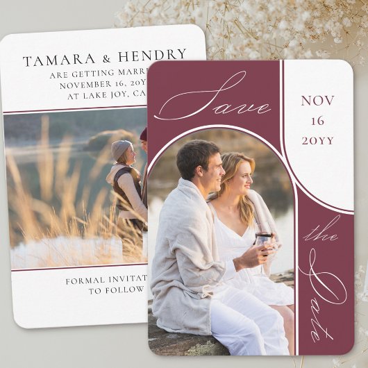 Moderne boog foto Elegante kalligrafie Bourgondië Save The Date