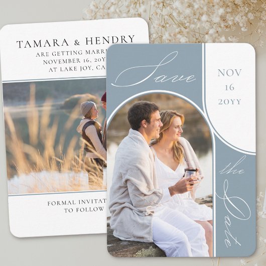 Moderne boog foto Elegante kalligrafie Stoffig Bla Save The Date