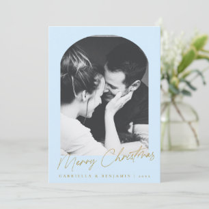 Moderne boog foto Kerstbrief blauw goud Feestdagenkaart